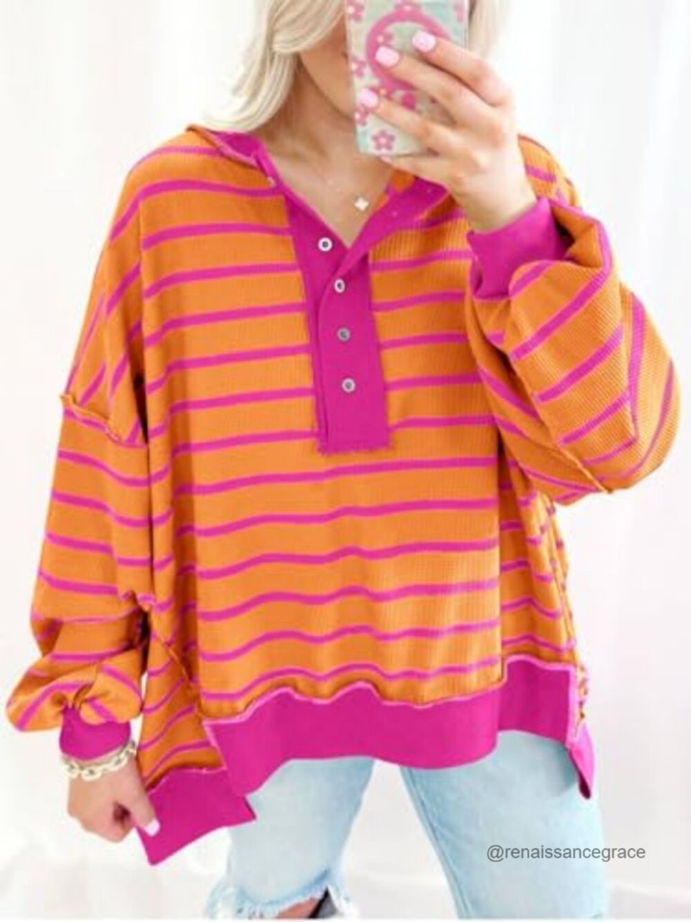 Oversized Striped Henley Sweatshirt Waffle Knit Long Sleeve Pullover Fall Winter - Picture 4 of 6
